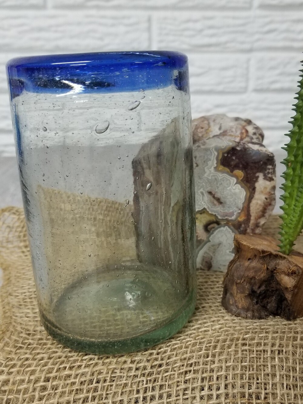 Mexican Hand Blown Glass Tumbler/ Cobalt Blue Rim.